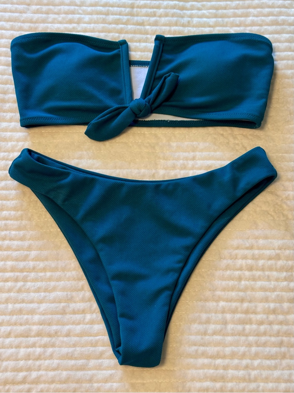 Zaful Teal Bandeau Bikini Set with Knot Detail - Women Swim